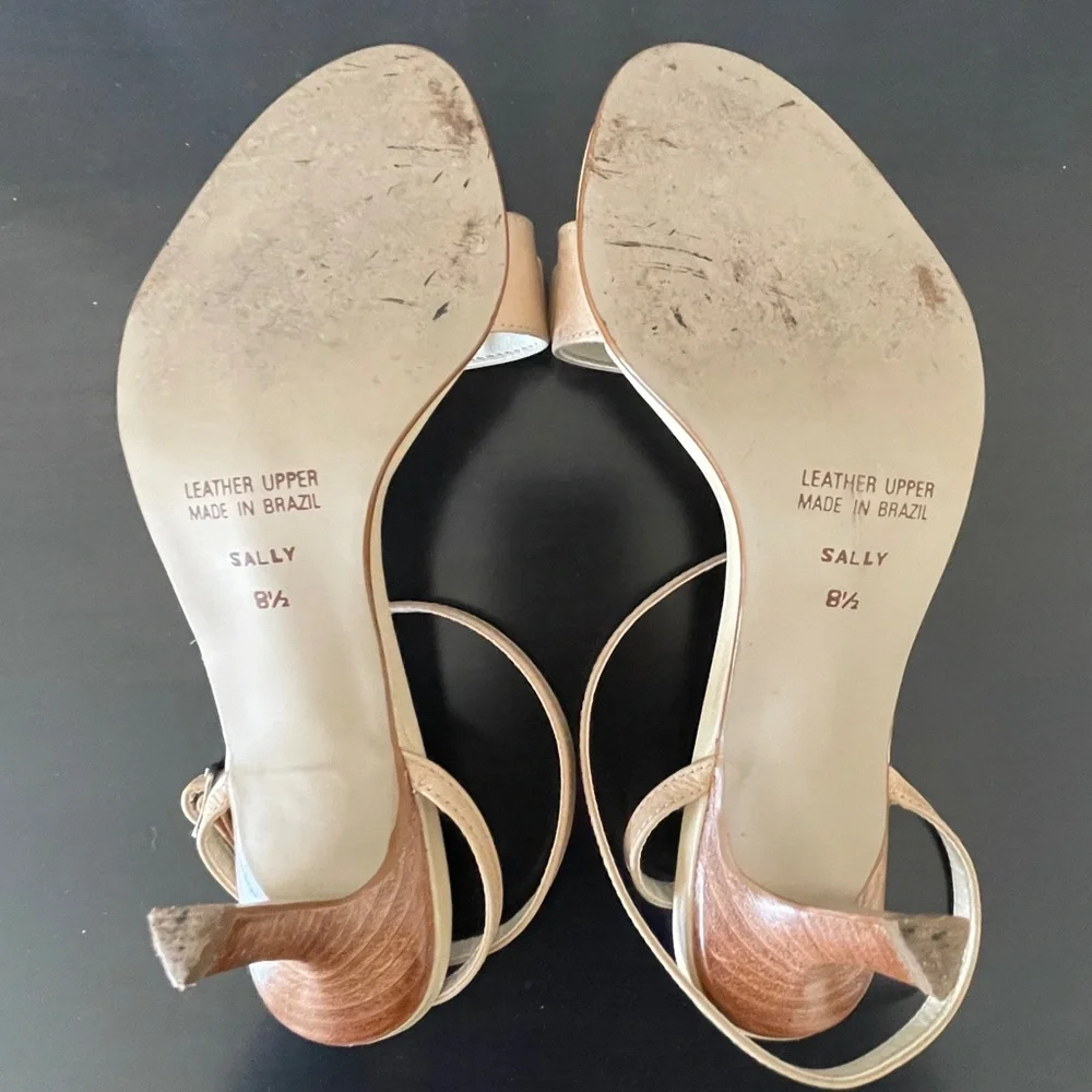Stylish Tan Ankle-Strap Heeled Sandals with Tan & Black Square “Button” Accents